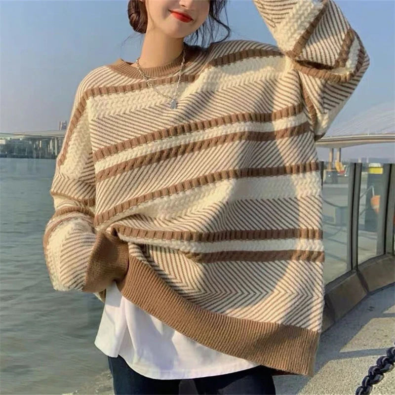 秋冬毛衣女条纹宽松套头慵懒风外穿显瘦2023新款女士针织毛衫上衣
