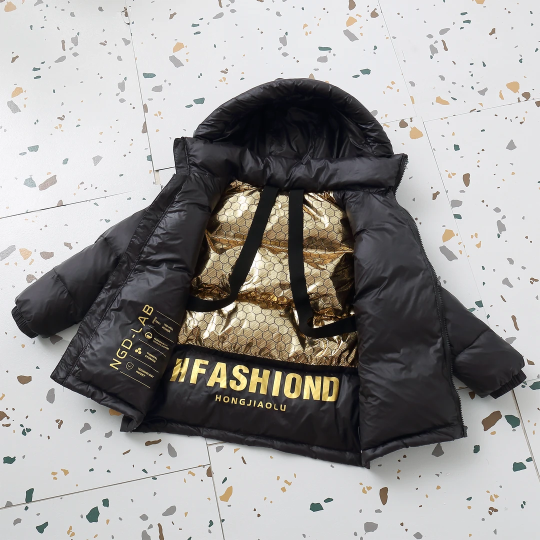 儿童羽丝绒丝服黑金男女童秋冬季加厚保暖中大童外穿免洗连帽外套