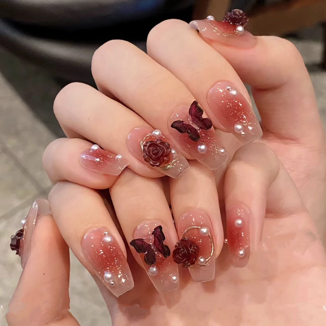 【中长款】玫瑰蝴蝶中长款美甲片