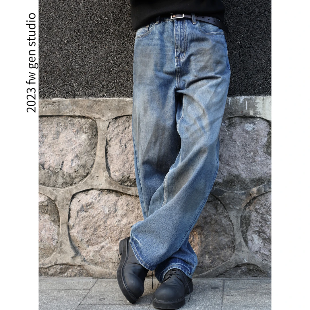 GEN【个性设计师款】男款牛仔裤子春秋宽松水洗复古高街学生H28013