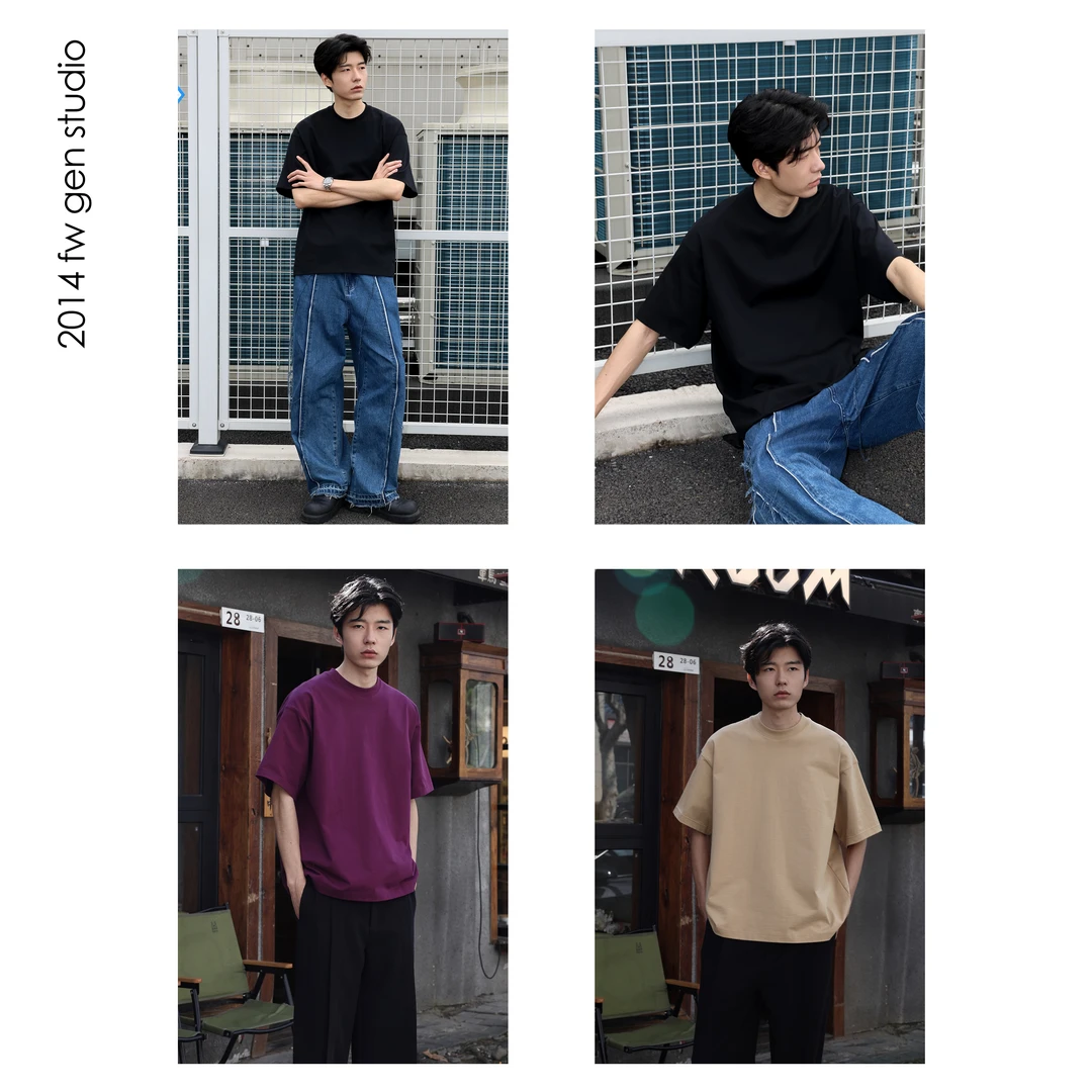 GEN【纯棉重磅高支】300g双面双纱26支川字纹夏季男高密短袖T85023