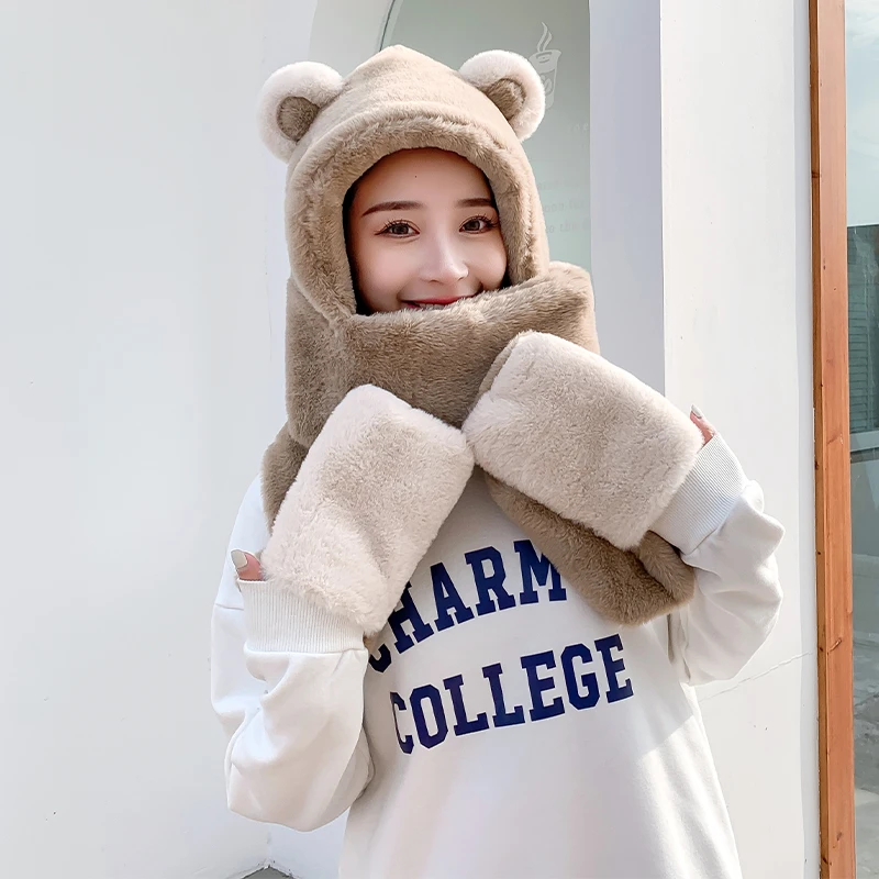 小熊帽子冬季加绒加厚帽子保暖围巾手套三件一体帽防风保暖帽韩版