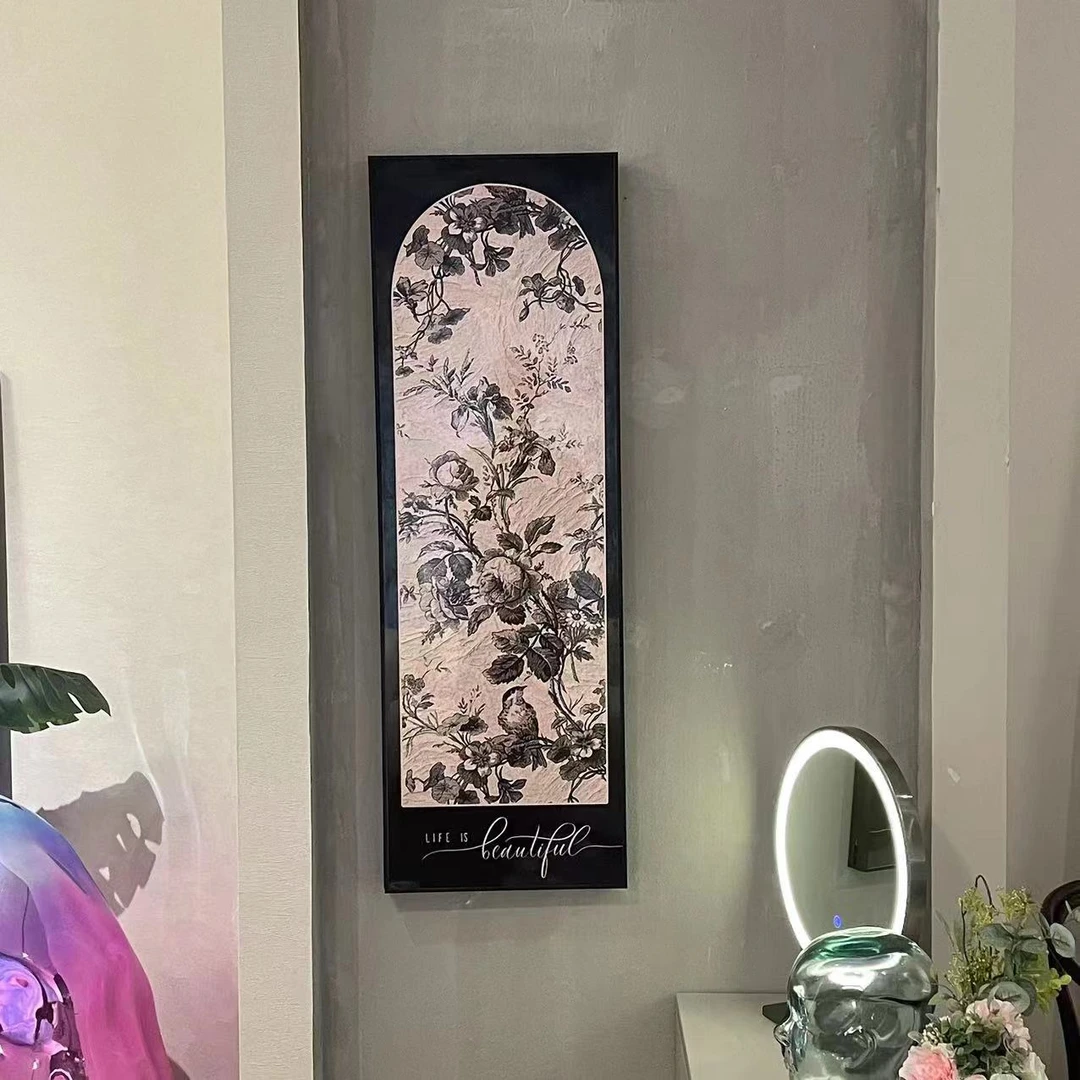 中古风高级感玄关装饰画隐藏式推拉镜子画卧室全身镜挂画成套家具