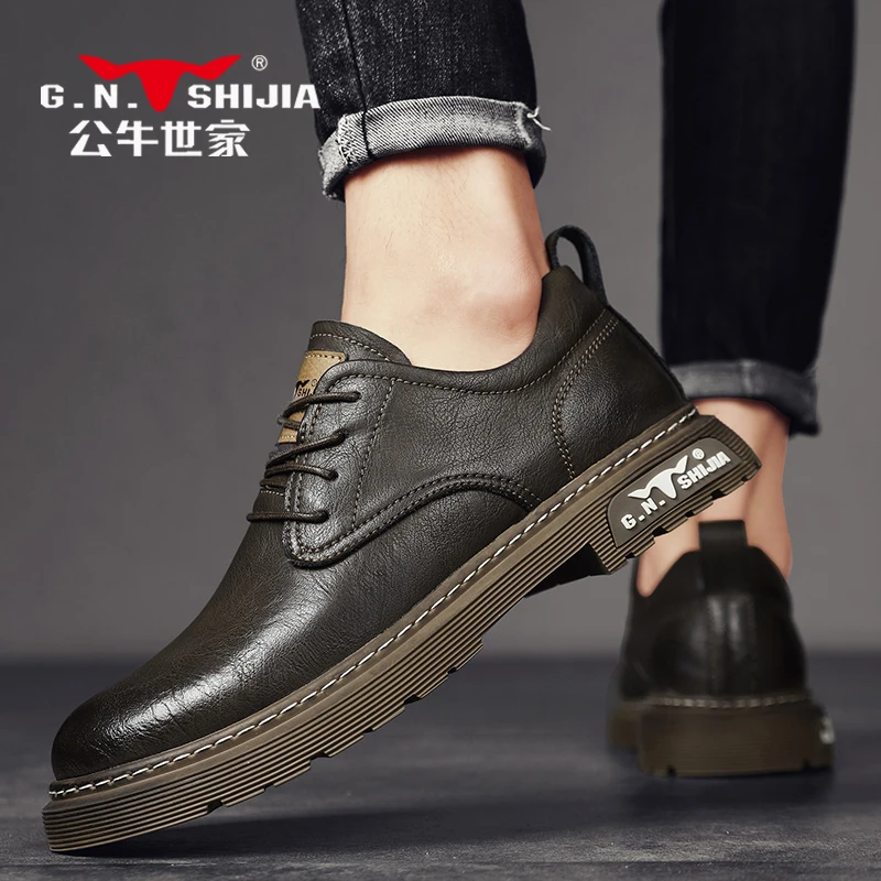 公牛世家马丁靴低帮男鞋2025新款春季复古风真皮软底商务休闲男士