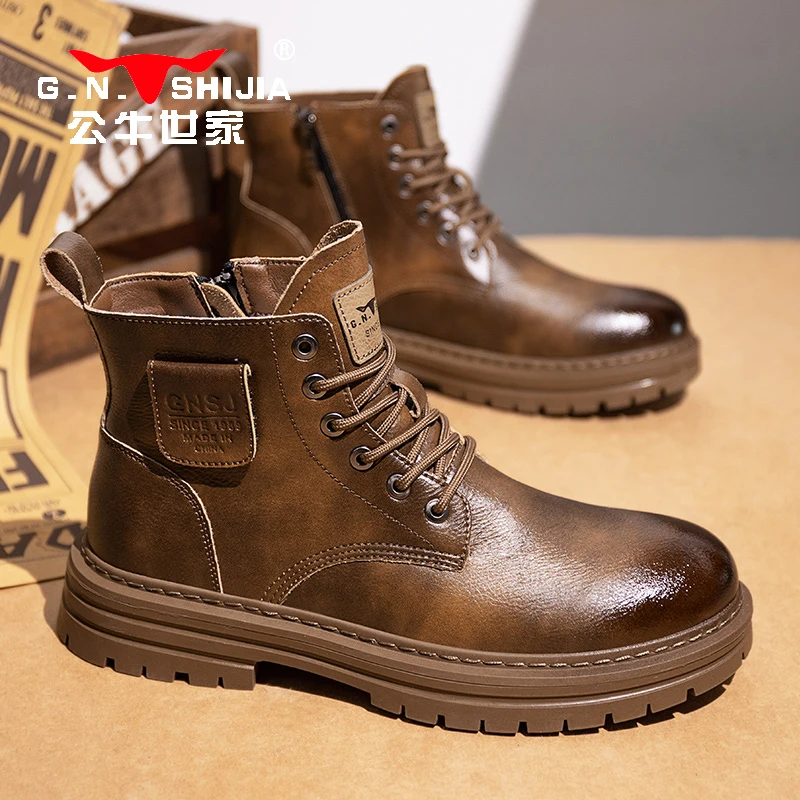 公牛世家马丁靴男款2025冬季高帮英伦风皮靴男复古潮流工装短靴子