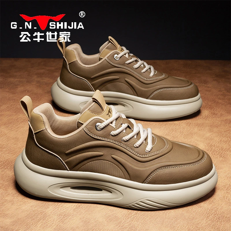 公牛世家2025冬季新款复古皮面厚底运动休闲鞋减震增高板鞋老爹鞋