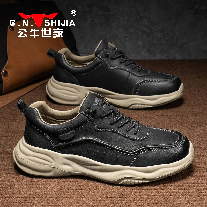公牛世家男鞋秋季超轻减震复古耐褶皱皮面运动鞋男款跑步休闲皮鞋