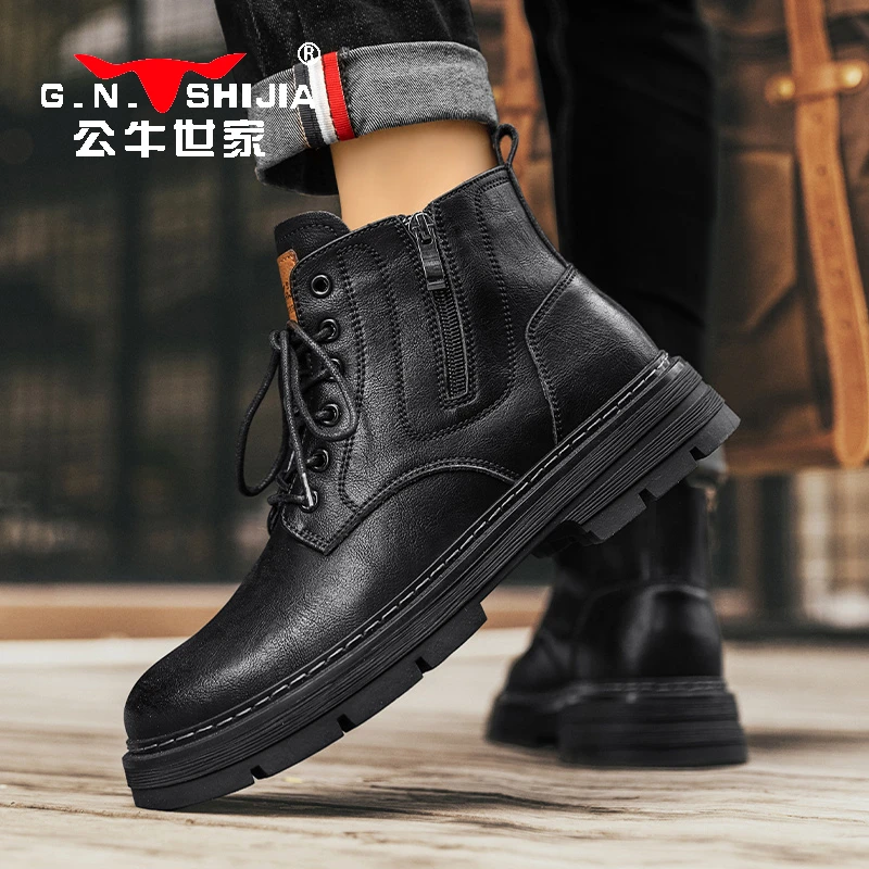 公牛世家马丁靴男款2026冬季新款真皮中帮男鞋黑色皮鞋高帮工装靴