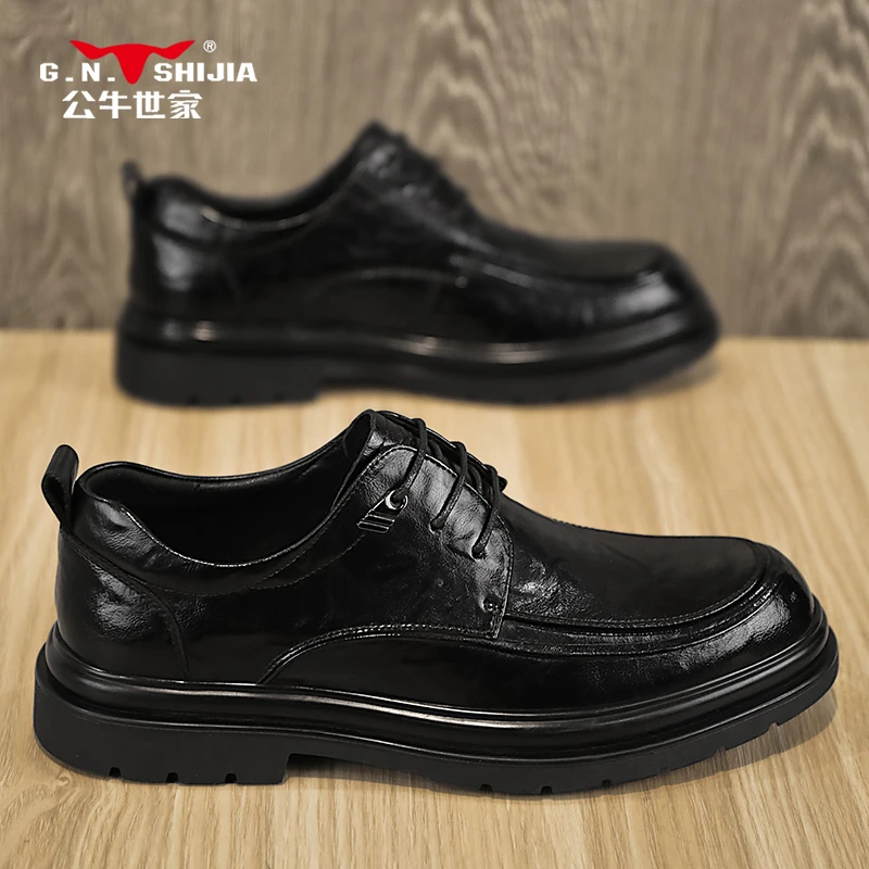 公牛世家男鞋结婚新郎皮鞋男秋季商务休闲厚底增高宽头黑色马丁靴