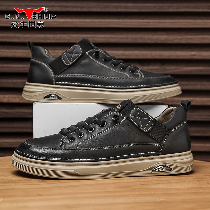 公牛世家男通勤上班防滑皮鞋2024复古风休闲运动板鞋日常工作潮鞋