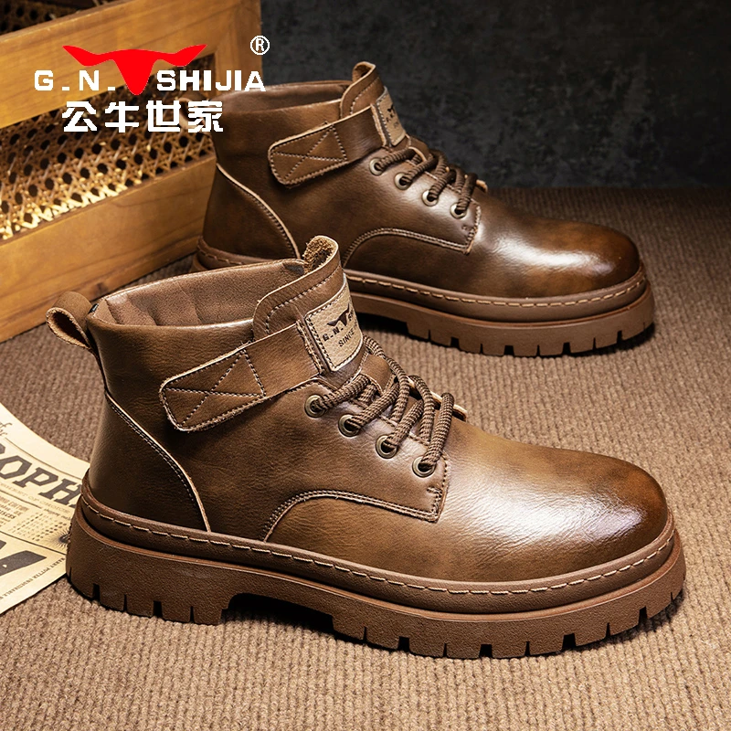 公牛世家男款马丁靴秋冬新款英伦风复古高帮工装靴子厚底耐磨皮鞋