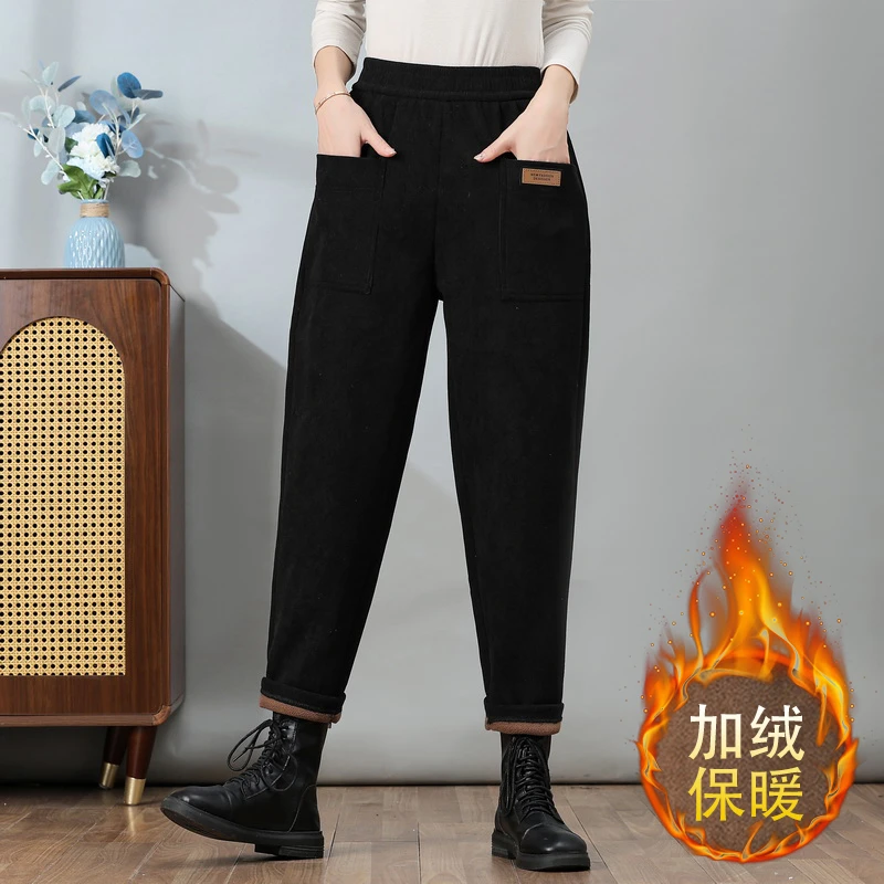2024年秋冬加绒加厚松紧腰休闲裤宽松显瘦高腰百搭欧棉绒哈伦裤