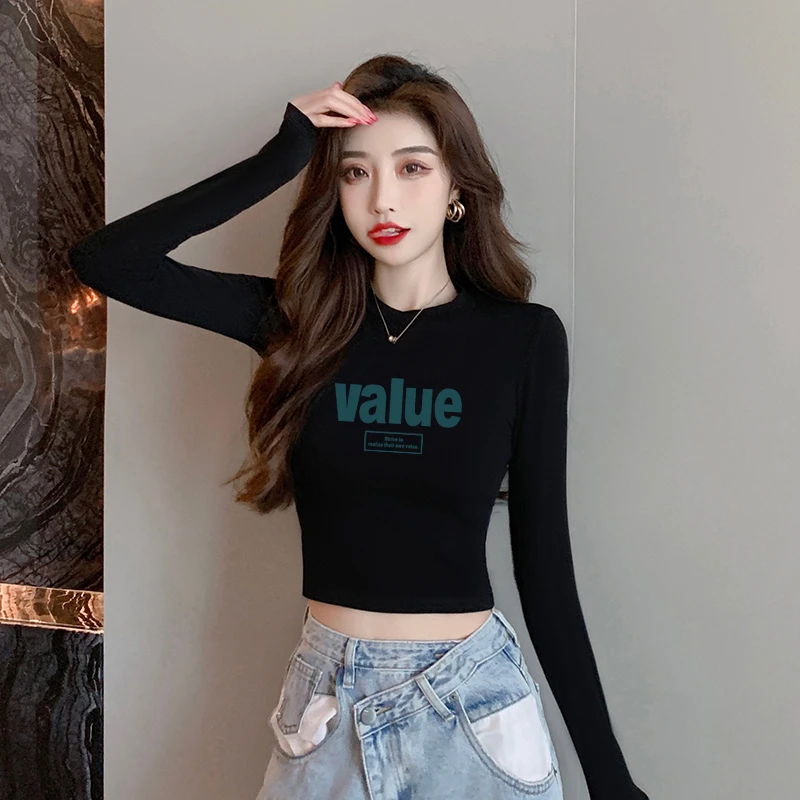 黑色长袖t恤女短款高腰露脐春秋冬内搭紧身纯棉上衣半高领打底衫