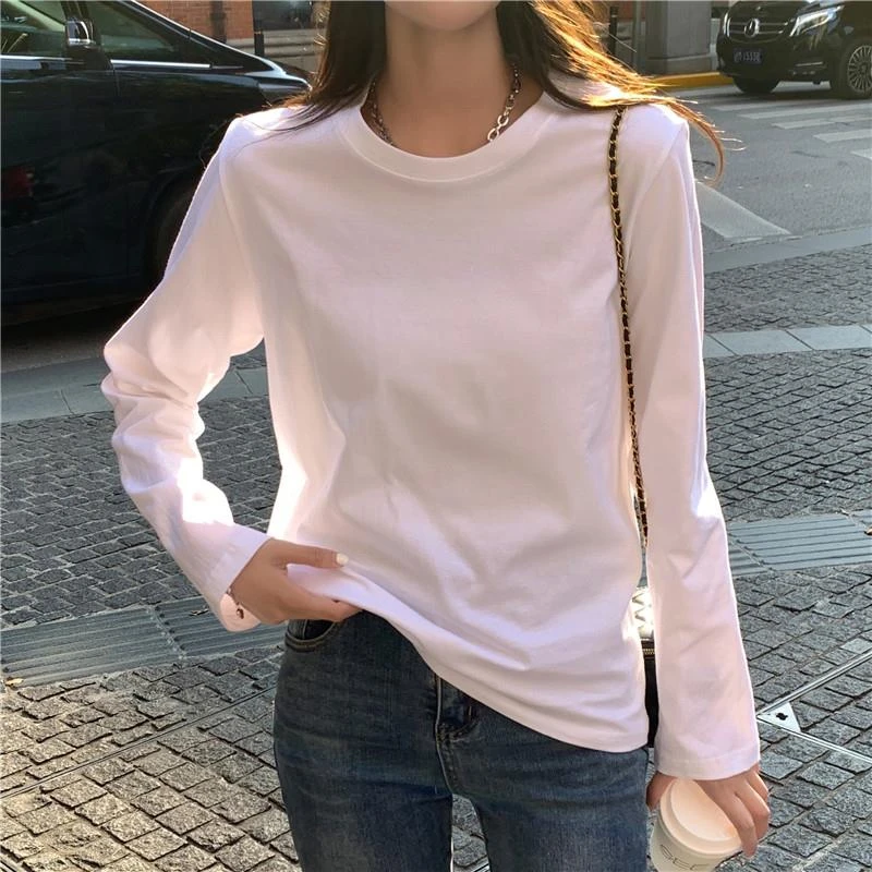 白色长袖打底衫女春秋2025新款纯棉正肩T恤内搭西装叠穿上衣百搭