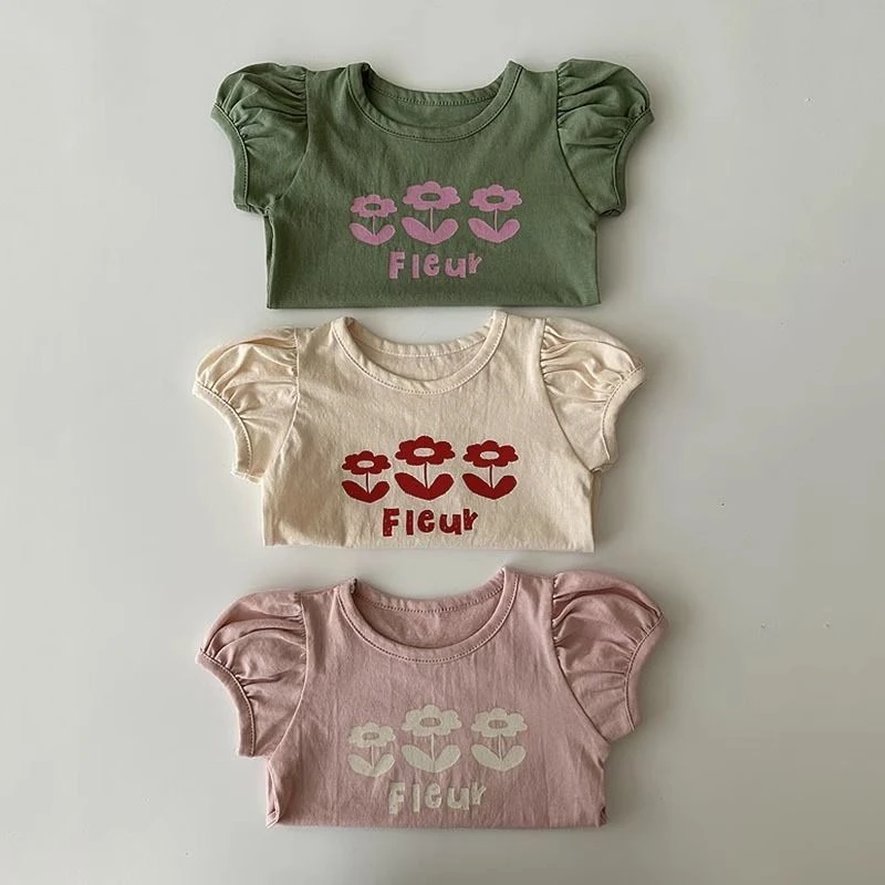 ins韩版夏装女宝宝短袖T恤薄款洋气泡泡袖套头上衣女童半袖打底衫