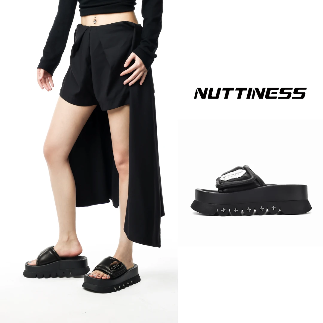 【NUTTINESS】夏季新款欧美风时尚圆头厚底增高日常百搭真皮拖鞋