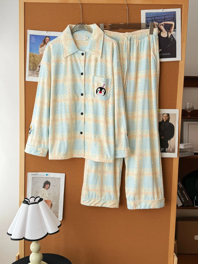 日系小众ins翻领长袖德绒睡衣女时尚家居服可外穿套装SY232045