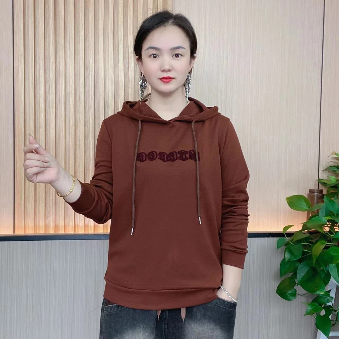 秋冬女士连帽时尚休闲女装宽松百搭长袖重工牙刷绣带帽卫衣 显瘦