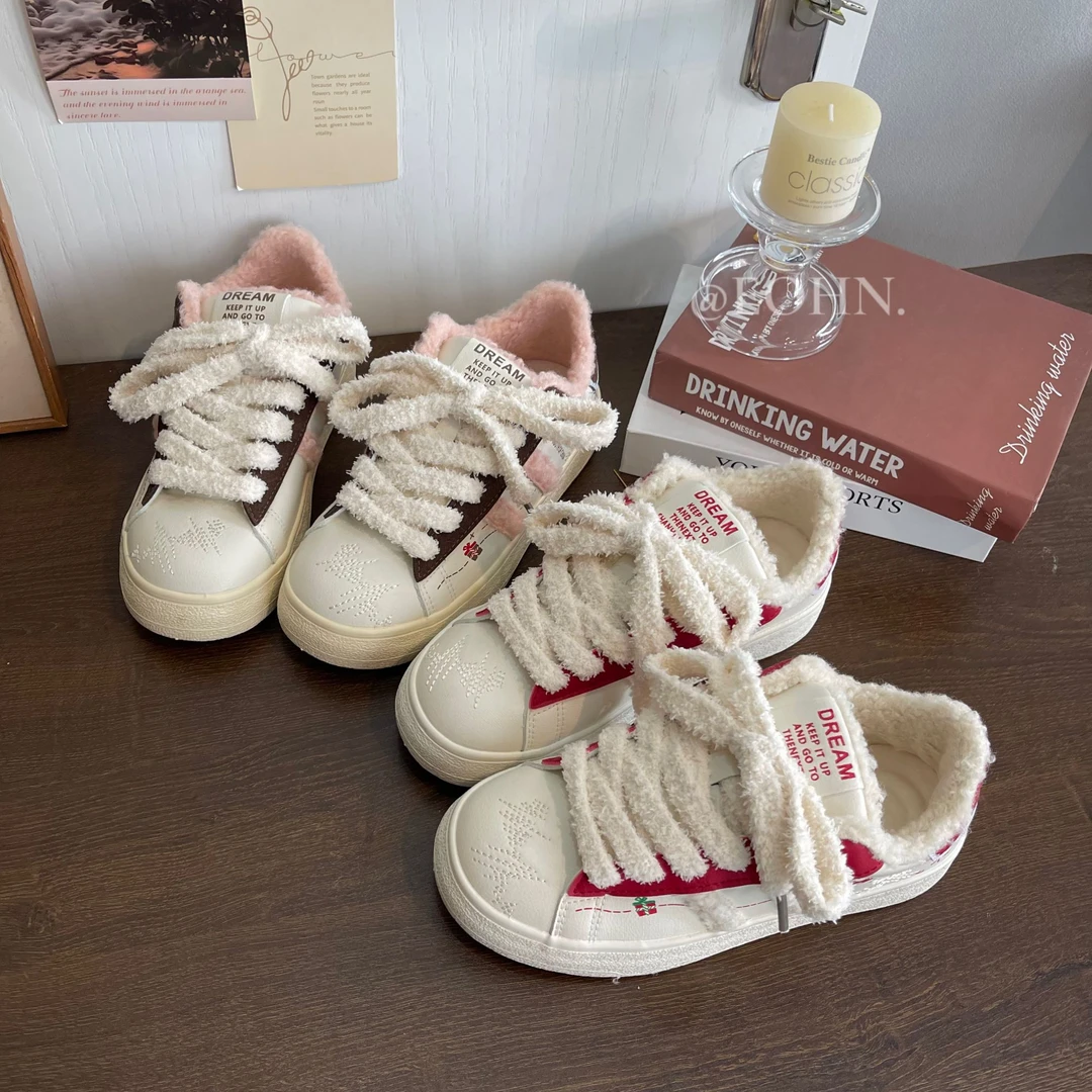 【eohn】2024冬季新款圣诞款加绒圆头板鞋休闲百搭小白鞋学生ins