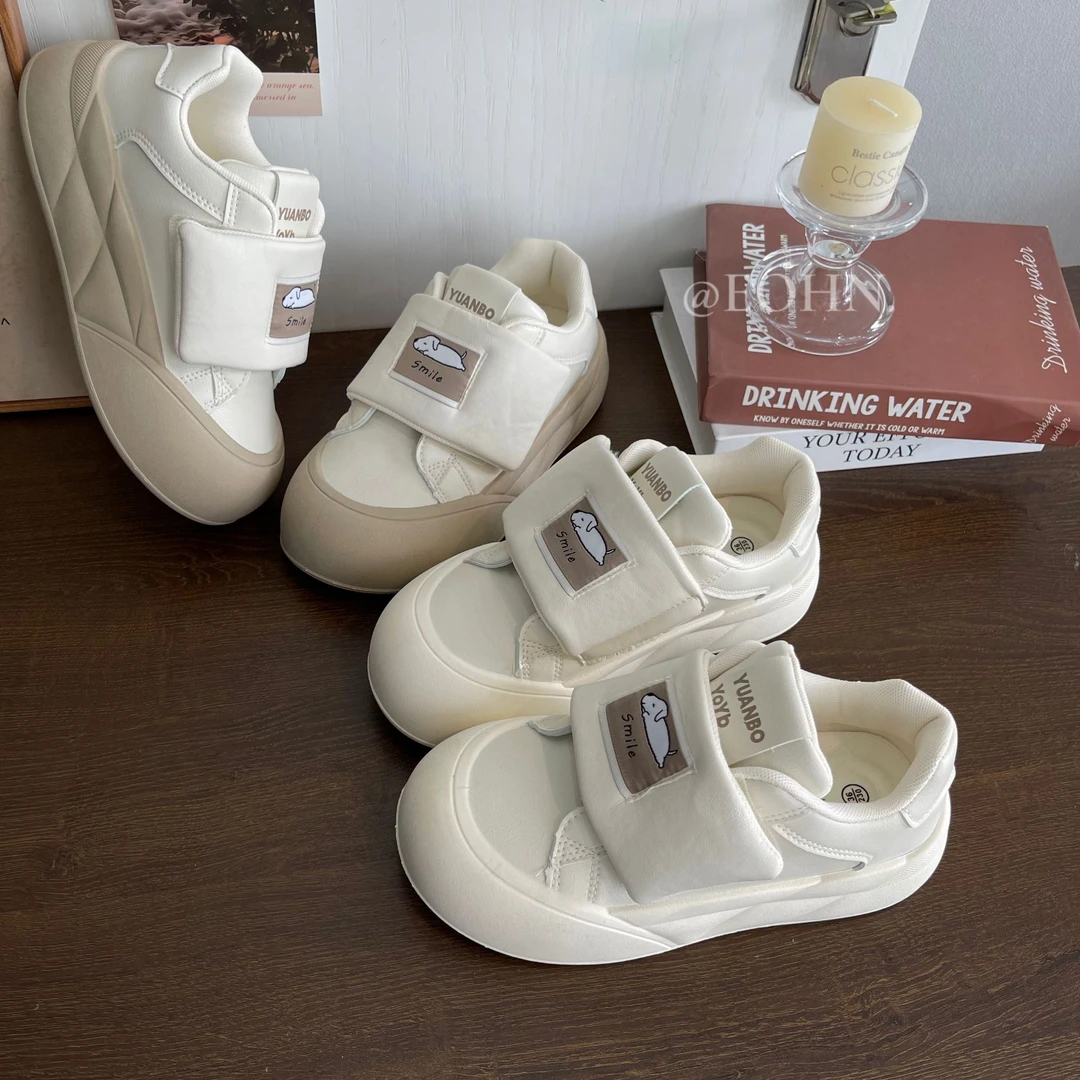 【eohn】2024新款秋季魔术贴小白鞋皮面厚底时尚休闲百搭ins