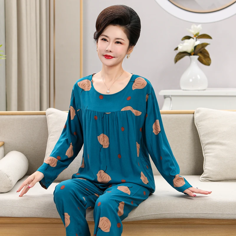 睡衣女士长袖秋季棉绸套装薄款春秋中老年人造棉妈妈家居服可外穿
