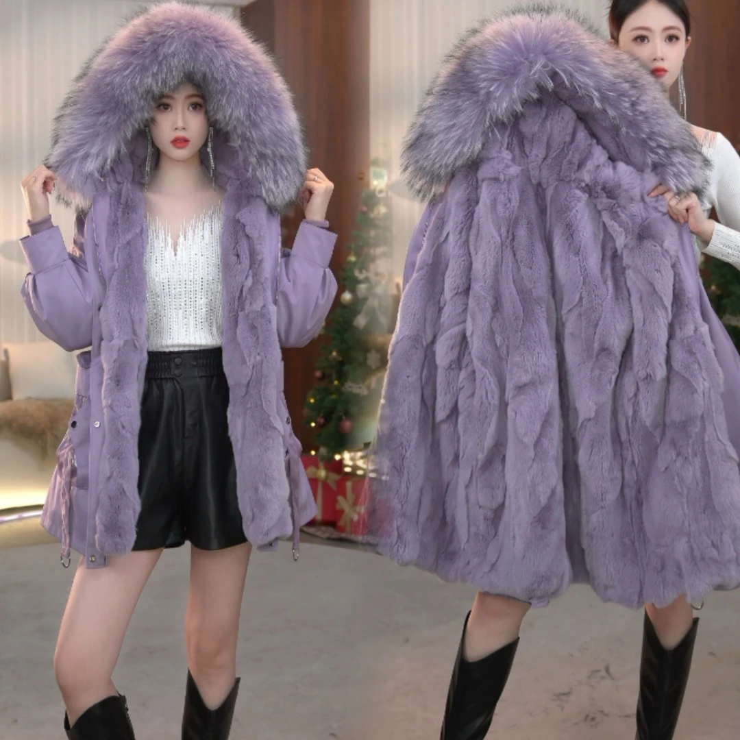 【朝霞獭兔】 派克服女士秋冬中长款连帽时尚大气百搭风衣外套8282