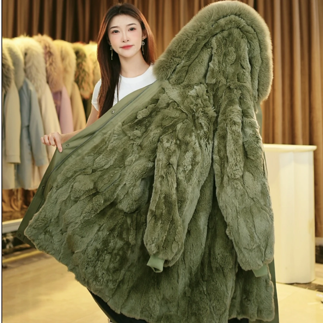 钰言【玉兔獭兔毛+毛袖】皮毛一体可三穿派克服女士长款时尚百搭