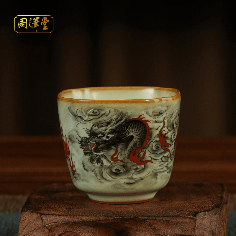 汝瓷省级工艺美术大师【潮州余秀华】手绘汝窑开片茶杯君子四方杯龙