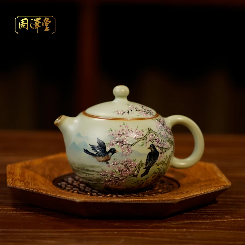 【潮州余秀华】手工绘画汝窑茶壶 俏西施·桃花