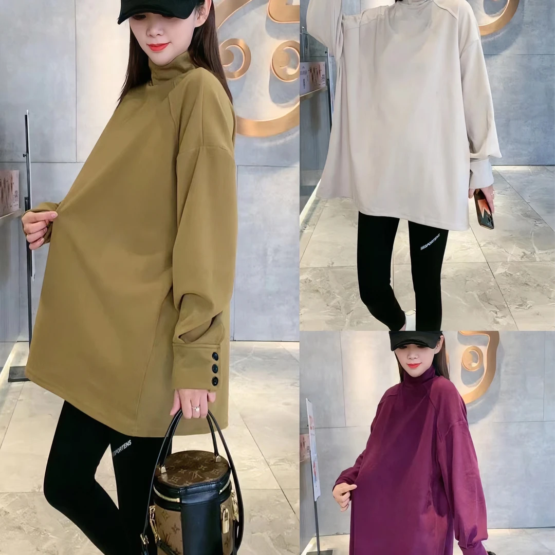 2023年冬季加厚双面德绒半高领袖口纽扣打底衫百搭纯色中长款上衣