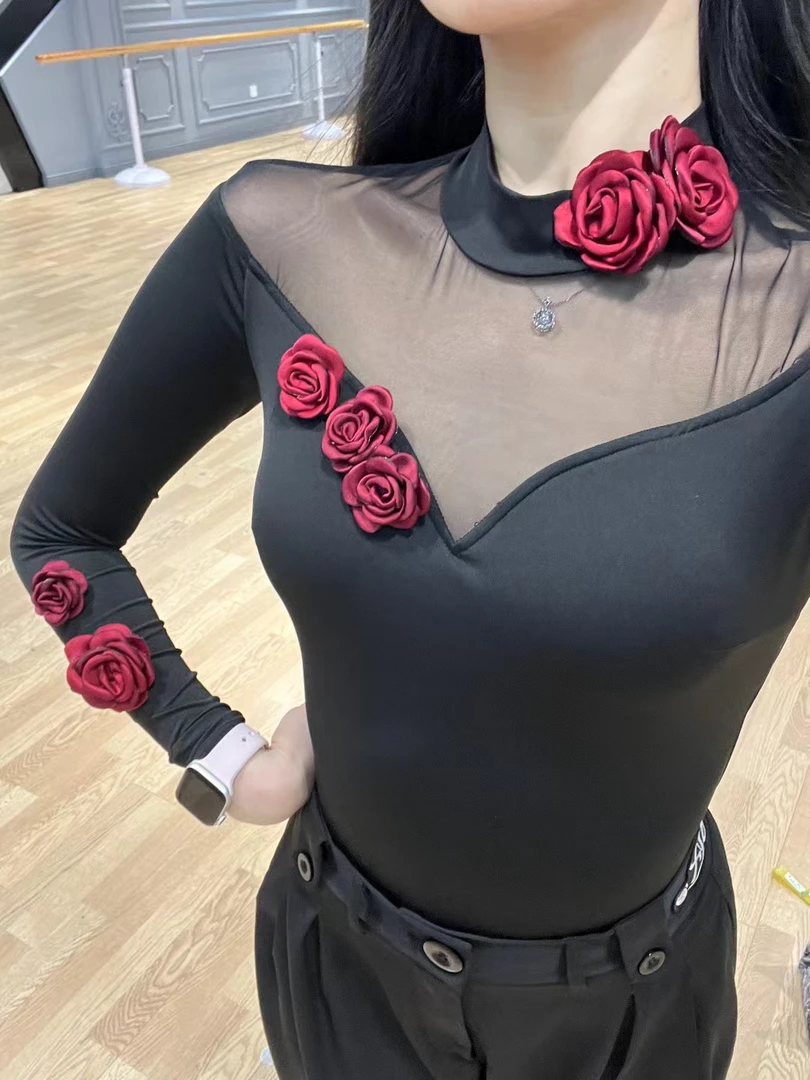 拉丁舞国标舞服装玫瑰长袖连体衣黑色网纱显瘦打底衫女士百搭修身