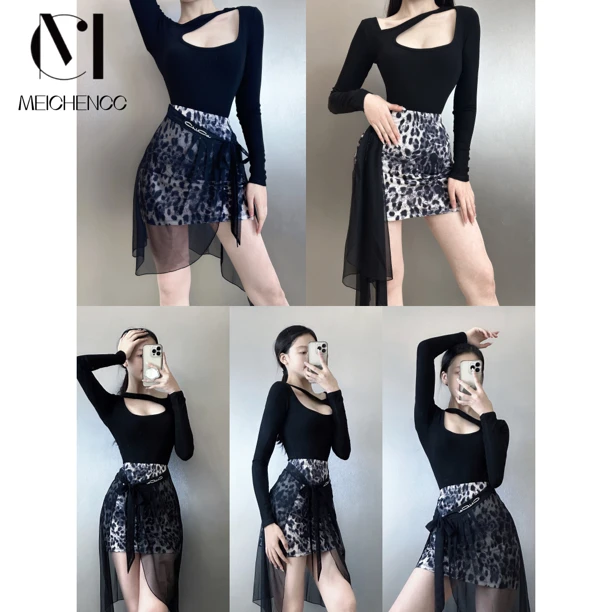 拉丁舞服国标舞服练功服斜肩长袖练习套装豹纹网纱显瘦成人女黑色