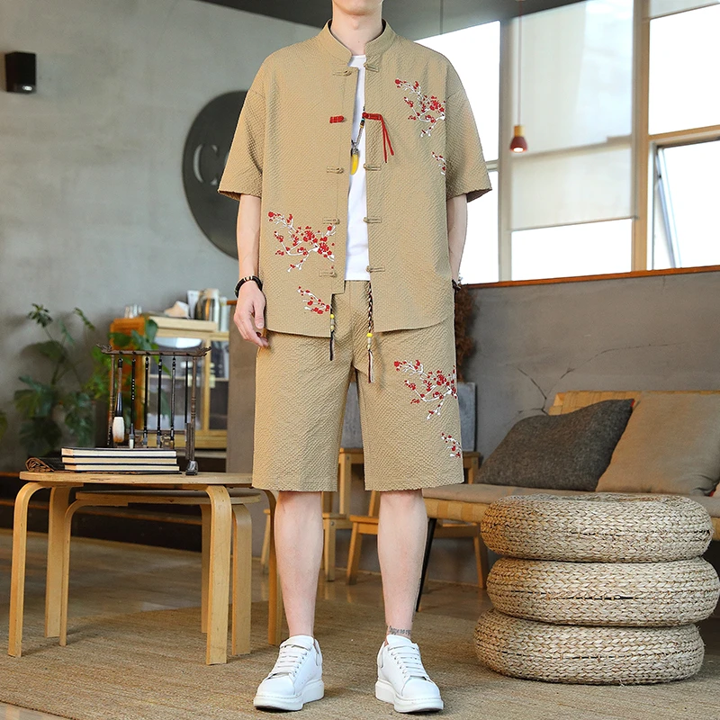 夏季中国风套装男士薄款男装短袖冰丝男开衫唐装衣服复古盘口汉服