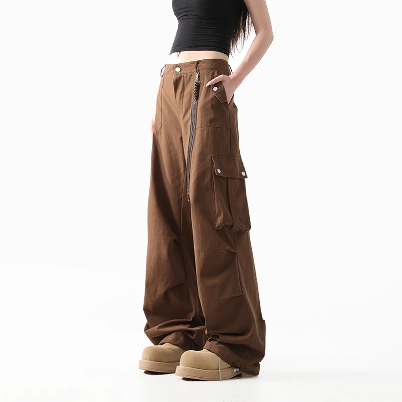 大口袋褶皱伞兵工装裤男款春秋美式高街潮牌宽松直筒休闲裤子
