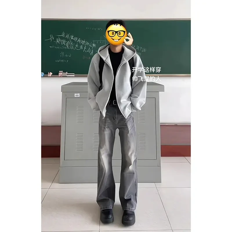 浅灰色开衫连帽卫衣男春秋美式复古重磅硬挺上衣拉链外套