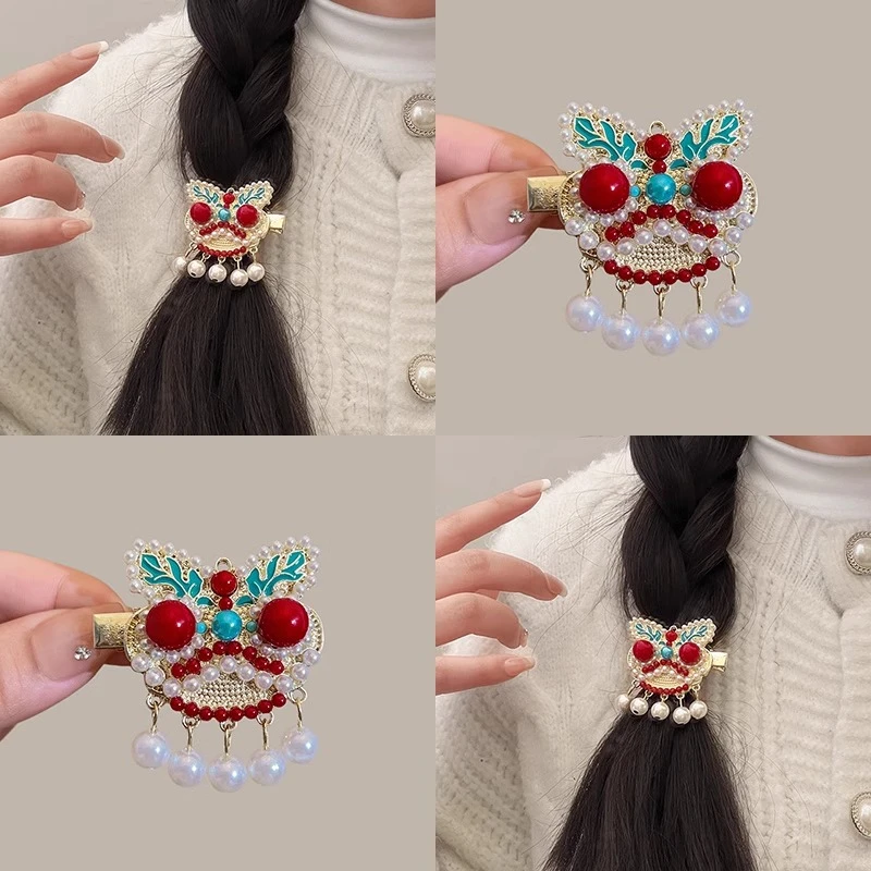 国风仿珍珠流苏醒狮发夹女新年儿童侧边刘海鸭嘴夹甜美低马尾发卡