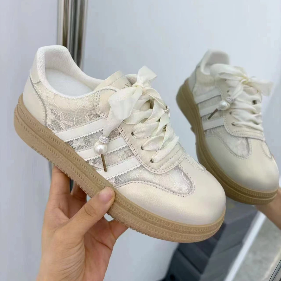 复古德训鞋女2024春夏季新款银色蕾丝边真皮运动休闲5108