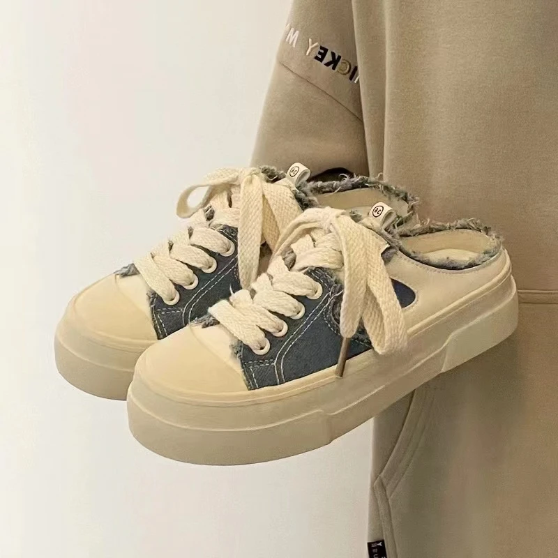 B-9165 爱心半拖牛仔帆布2024一脚蹬夏季懒人版鞋