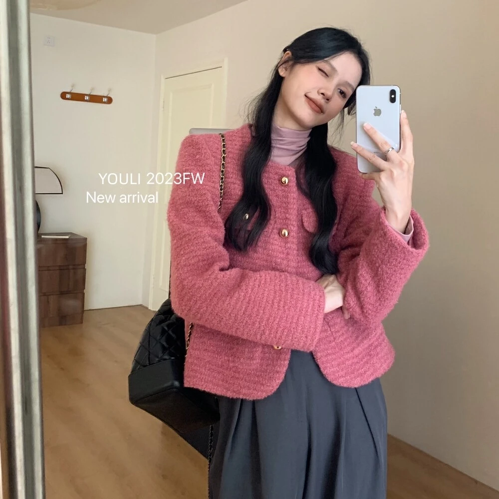 雯雯高级时尚气质树莓粉粗花呢设计感圈圈毛呢小香风外套冬季