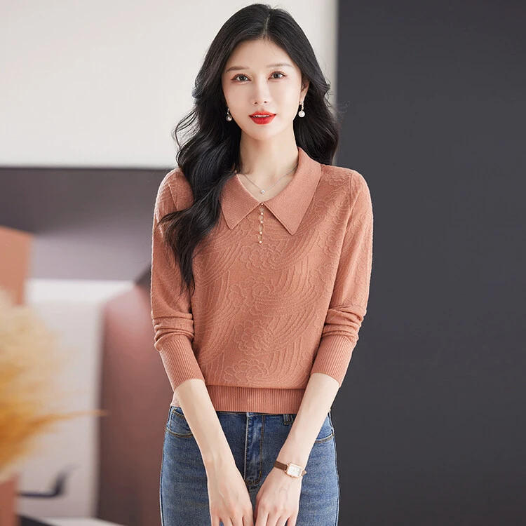 春秋长袖针织衫女装上衣打底衫纯色气质洋气翻领秋冬百搭宽松套头