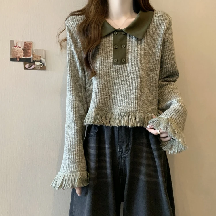 大码女装遮肚子复古流苏长袖打底衫女春秋胖妹妹显瘦小众别致上衣