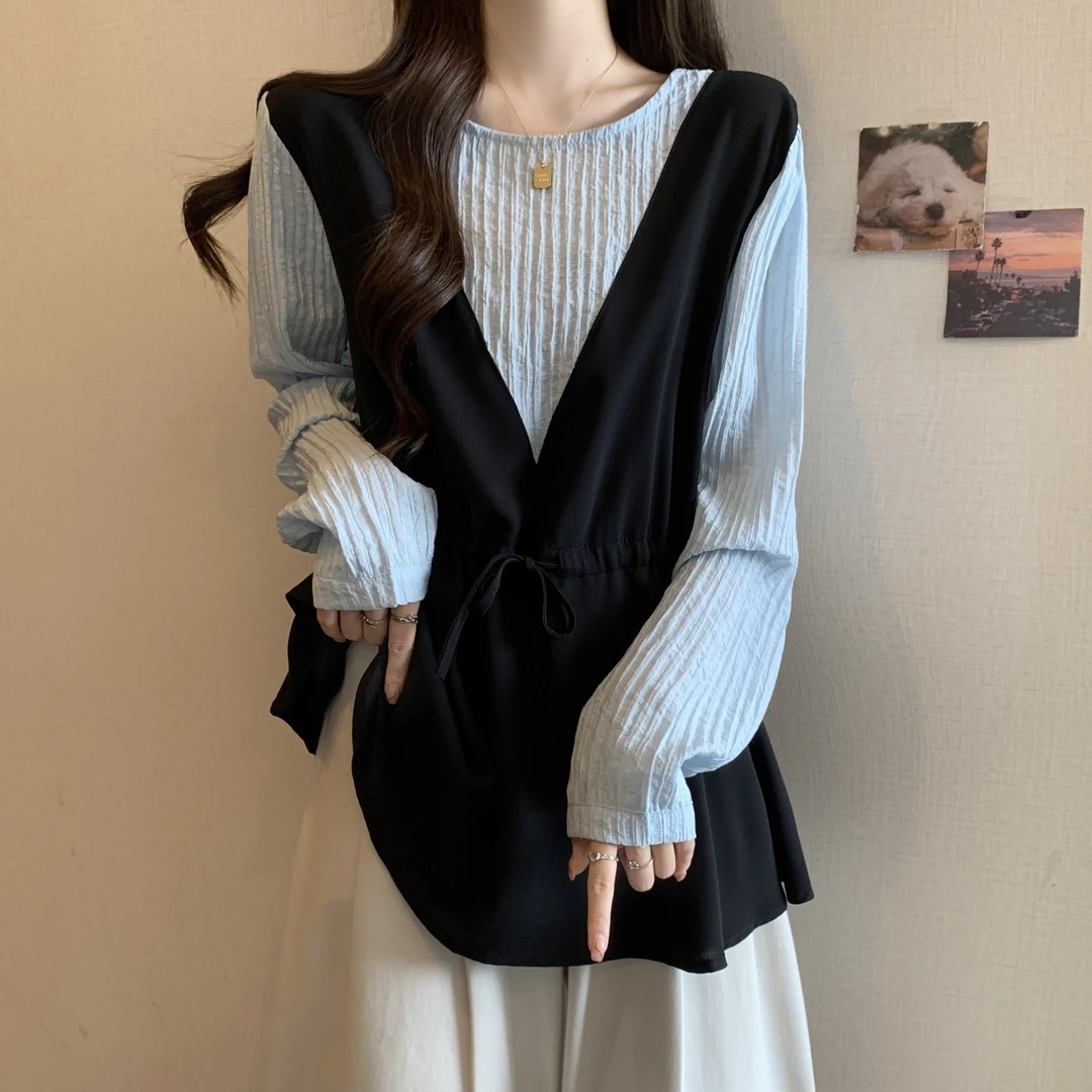 大码女装遮肚子撞色拼接假两件长袖衬衫女春秋胖妹妹宽松显瘦上衣