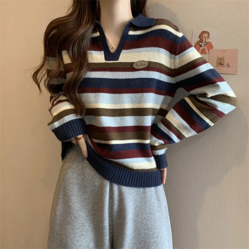 大码韩版遮肚子POLO领长袖打底衫女秋冬胖妹妹慵懒风条纹针织上衣