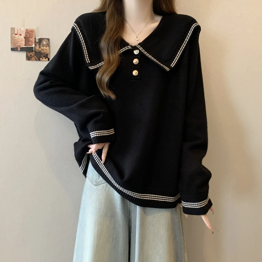 大码女装海军领减龄百搭长袖打底衫女秋冬胖妹妹遮肚显瘦针织上衣