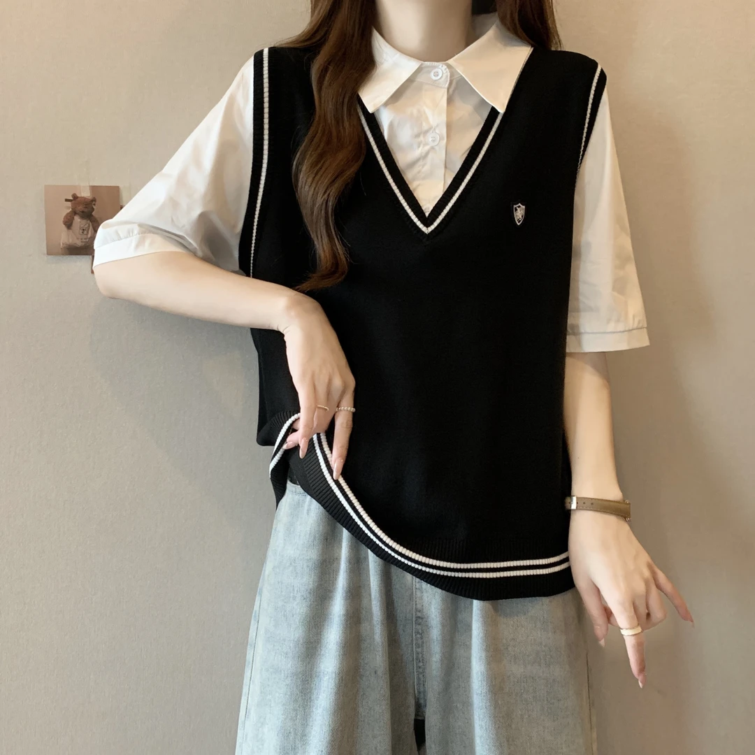 大码女装遮肚子学院风POLO领短袖打底衫夏季胖妹妹显瘦假两件上衣