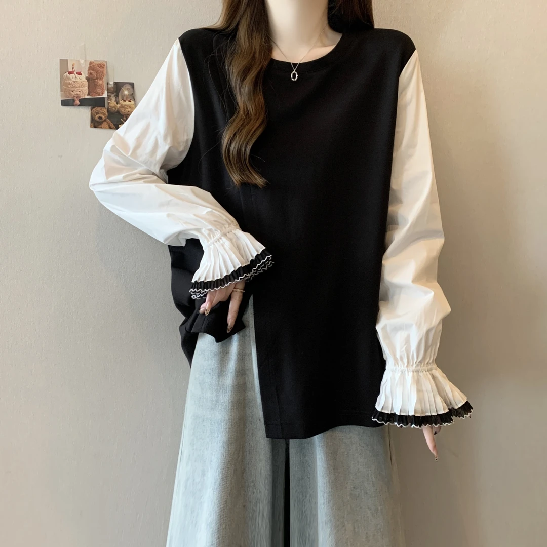 大码女装遮肚子撞色喇叭袖小众衬衫女春秋胖妹妹显瘦时尚开叉上衣