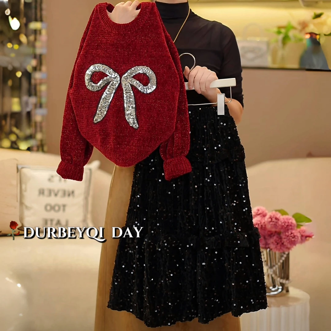 DURBEYQI/朵贝奇女童2025冬季新款蝴蝶结毛衣时尚半身裙套装5013