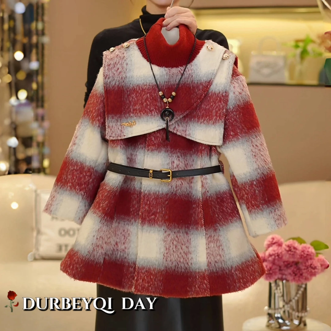 DURBEYQI/朵贝奇2024冬季新款韩版格子加绒加厚中长款外套5008