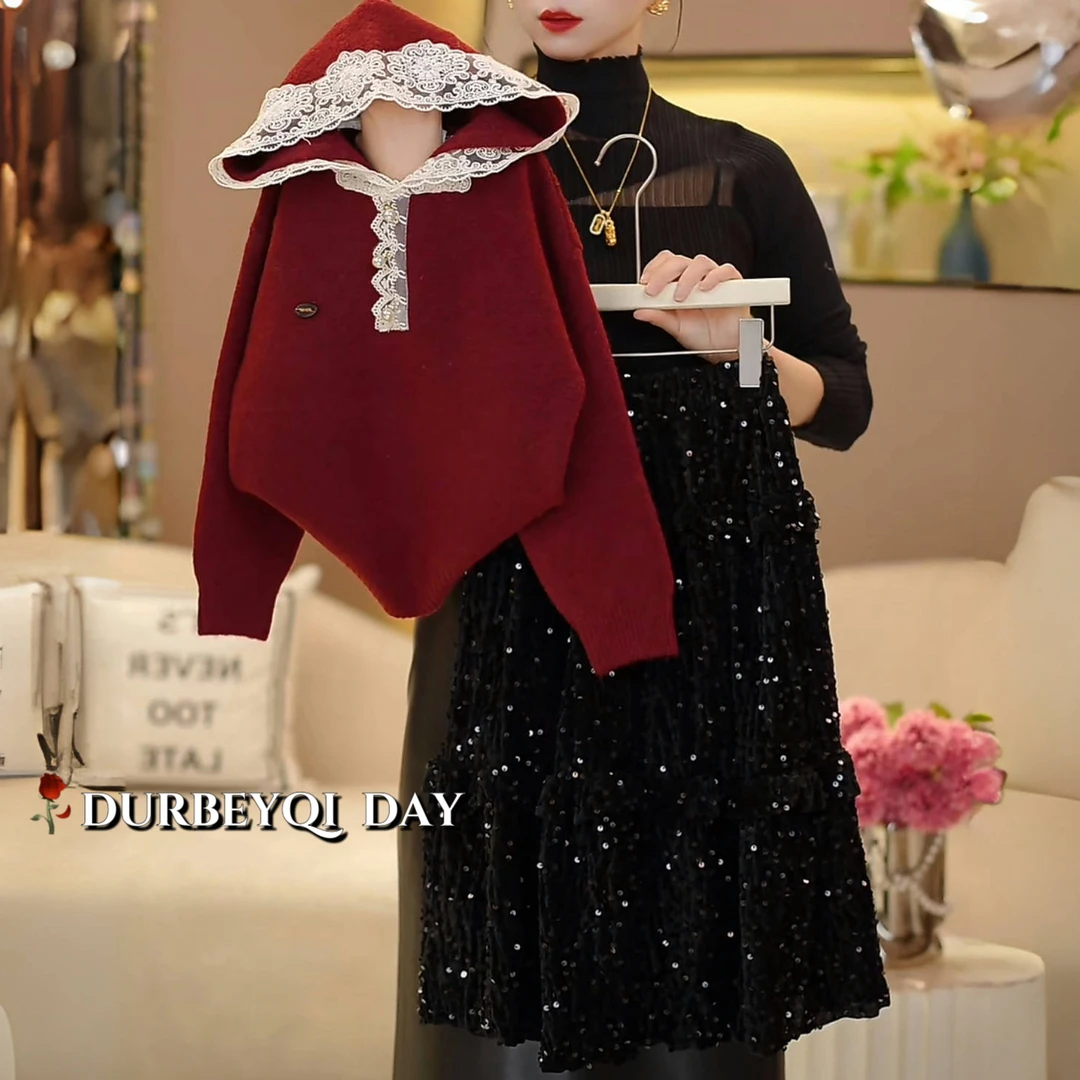 DURBEYQI/朵贝奇女童2025冬季新款连帽花边毛衣半身裙套装5042