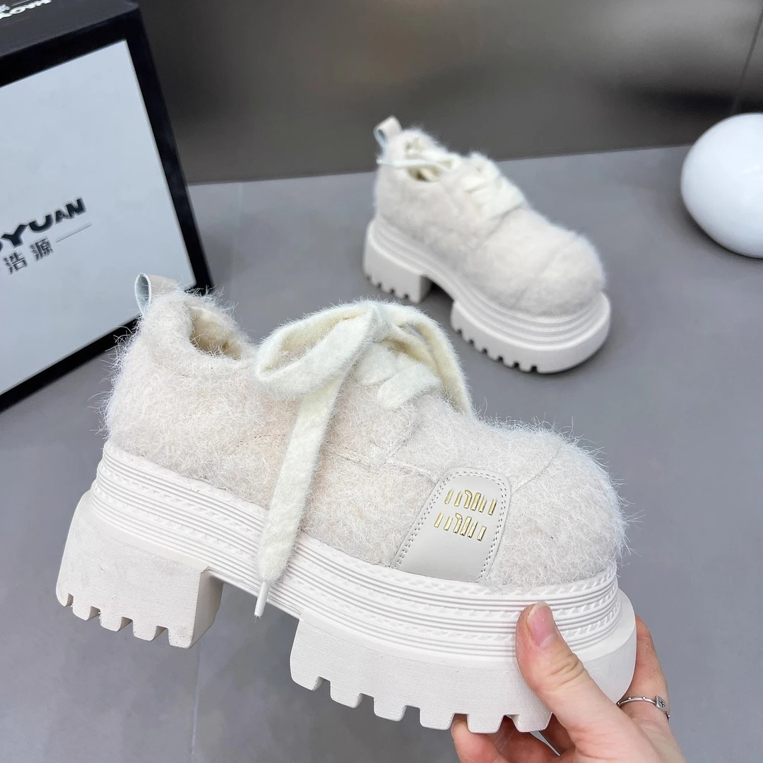 欧洲站大头字母JK小皮鞋厚底松糕系带毛呢毛毛鞋乐福鞋小个子女鞋